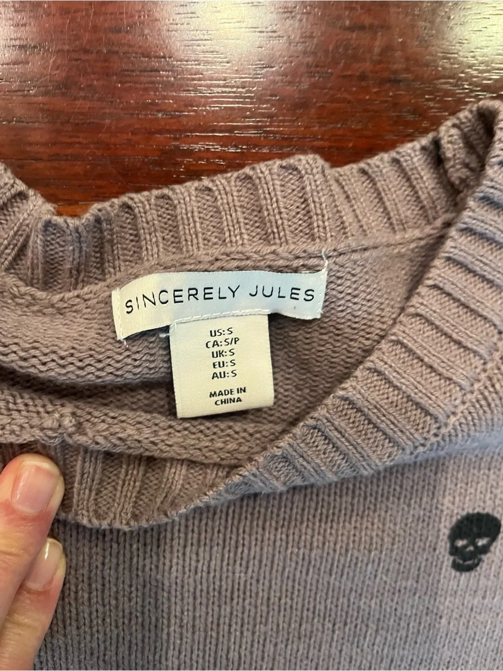 Sincerely Jules Lavender Gray Crewneck Sweater with Black Skull Motif Sz Small - Picture 2 of 6